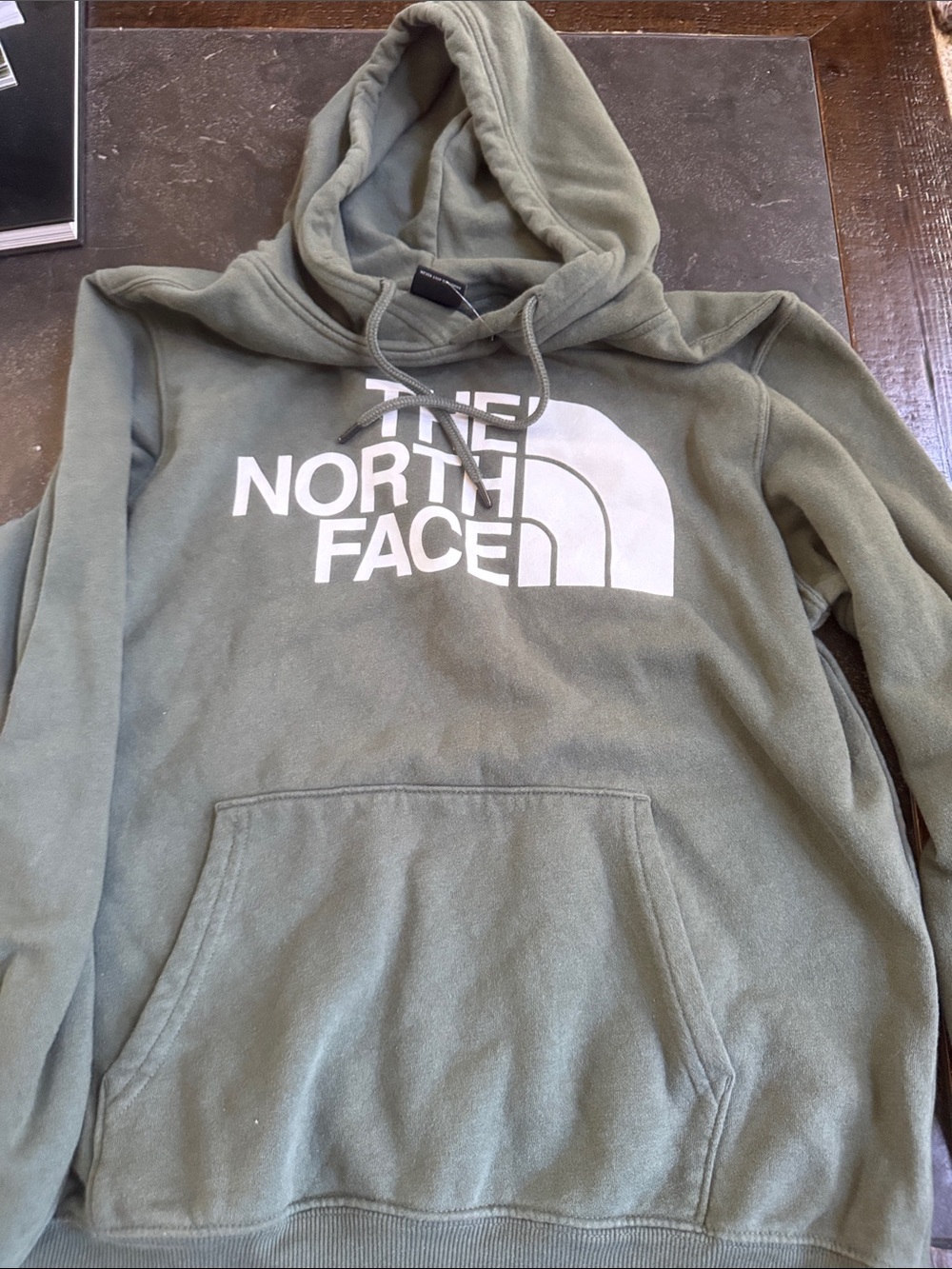 The North Face Menโs Medium Olive Green Crewneck Hoodie with White Logo